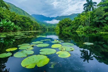 Tranquil River Scene with Floating Lily Pads and Lush Tropical Foliage