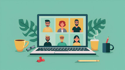Modern and Minimalistic Digital Meeting: Professionals Collaborating in a Virtual Conference Room Illustration