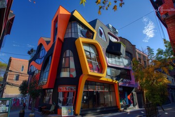 : A bold, avant-garde building with asymmetrical shapes and vibrant colors, located in a vibrant...