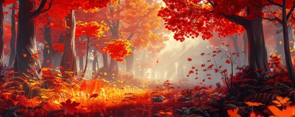 Autumn forest, orange and red leaves, detailed and vibrant, serene and tranquil,  digital painting