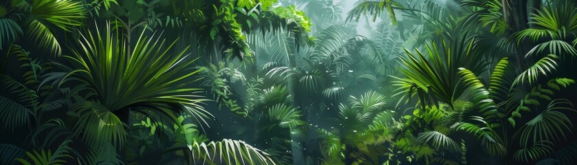 Dense jungle, vibrant green, detailed foliage, exotic and wild, high resolution, digital painting