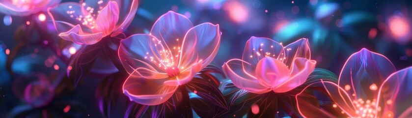 Fantasy flowers, glowing petals, neon colors, 3D rendering, surreal atmosphere