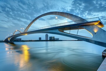 : A striking, modern bridge with a sleek, arched design and integrated lighting, spanning a wide river with a city skyline in the background. - Powered by Adobe