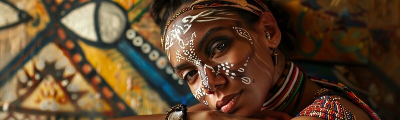 Woman with painted face and neck posing for a picture