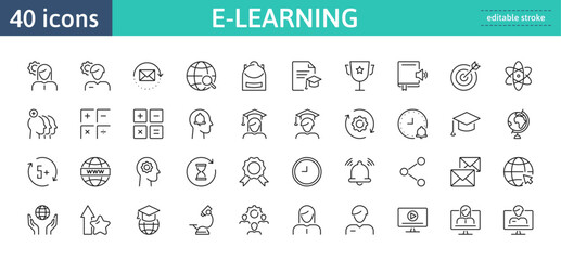 E-learning and education 40 line icons set. Home schooling, online courses, exams, graduation, study. Isolated on a white background. Pixel perfect. Editable stroke. 64x64.
