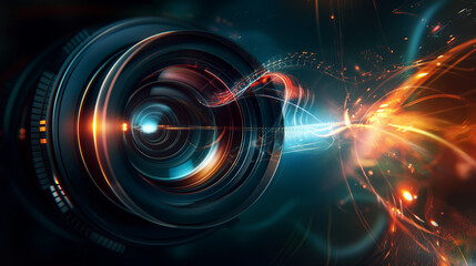 Futuristic photo camera lens on dark background