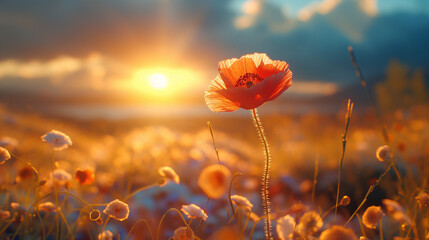 poppy flower in the   field at sunset