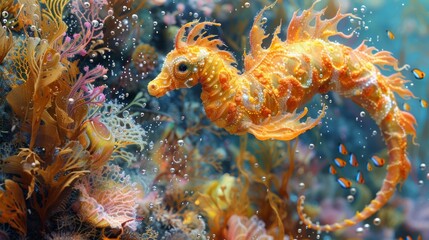 Serene Underwater Harmony - Sea Horse Interacting with Small Fish in Soft Pastels and Watercolor, Gentle Motion in Marine Scene