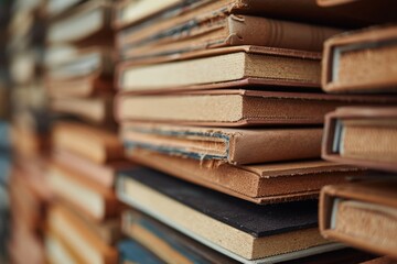 Fototapeta premium A display of eco-friendly notebooks made from recycled paper, stacked neatly, natural lighting, sustainable stationery