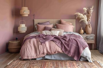 Pink-walled bedroom interior design with large bed