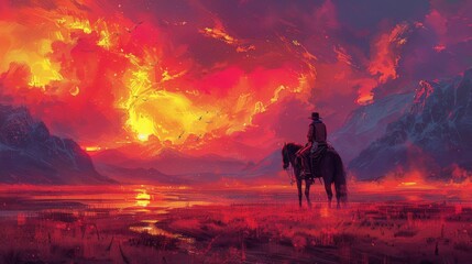 Discovering the Unknown: Adventurous Couple Horseback Riding in Vibrant Mountain Trail - Digital Art with Detailed Scenery