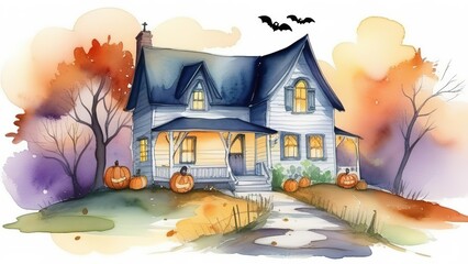 Halloween night with house and pumpkins, Halloween background.