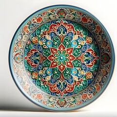 Moroccan ceramic plate painted with vibrant geometric patterns