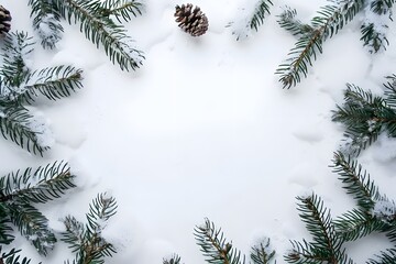 Pine cones and evergreen needles arranged in a circle. Copy space
