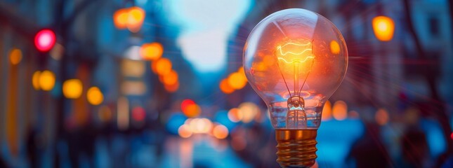 A light bulb glowing brightly against background of a high streets of the city, symbolizing creativity and innovation in business. conveying energy and inspiration for creative thinking. generative AI