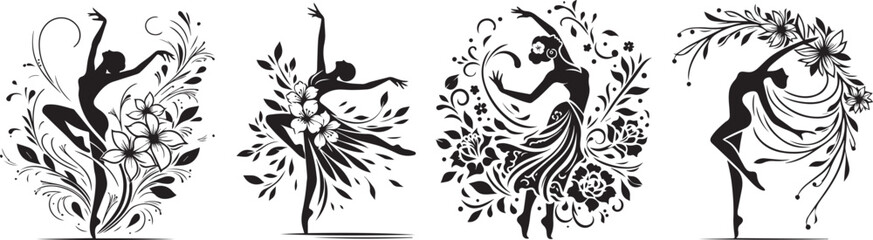 ballet dancer in a floral dress black vector with transparent background, monochrome silhouette illustration, decorative shape sketch for laser cutting engraving print