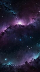 Galactic Serenity: Create a mystical, ethereal abstract image with deep purples, midnight blues, shimmering silvers, starbursts, nebula-like swirls, faint constellations, soft glowing gradients