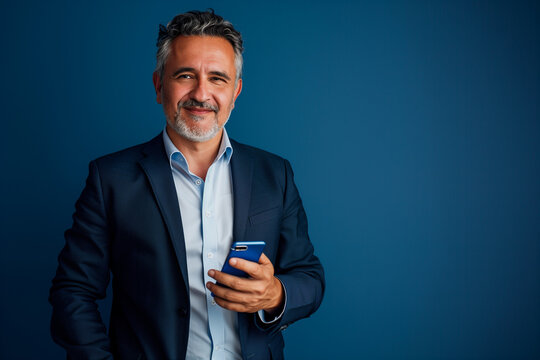 Gesch&auml;ftsmann vor einfarbrigem Hintergrund h&auml;lt ein Smartphone in der Hand und l&auml;chelt in die Kamera