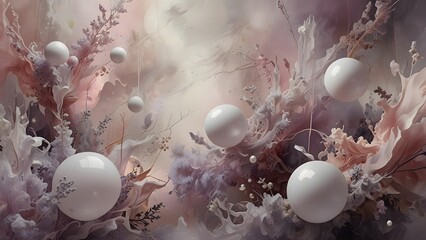 Ethereal Dreams: dreamy, surreal abstract using pale lavenders, soft pinks, ethereal whites, flowing amorphous shapes geometric , light airy textures, a misty overlay, translucent layers, floating orb
