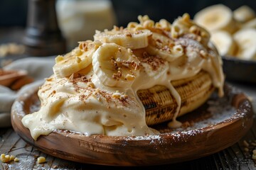 Wooden plate with bananas and cream. Sweet fruit dessert
