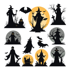 Set of Spooky Halloween Silhouettes Illustration Transparent