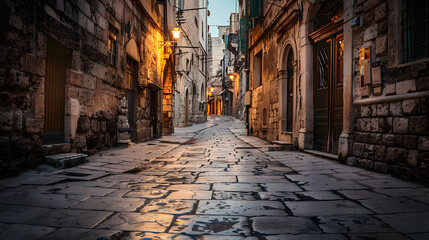 Obraz premium A stone-paved alley in an ancient city flanked by historic buildings and dim streetlights.