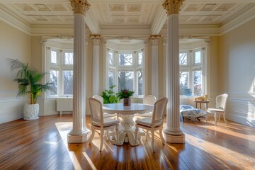 Modern dining room round white wood table chairs. Luxury interioir
