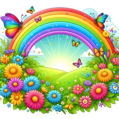 Naklejka premium A colorful rainbow bending over a field of flowers against a blue sky. Cute butterflies and birds fly merrily.