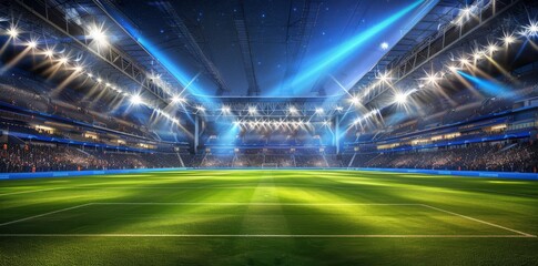 Empty soccer stadium with lights shining on the green grass 