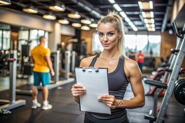 Fototapeta premium A woman is holding a clipboard in a gym