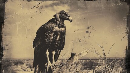 Vulture in the Etosha National Park, Namibia, vintage style