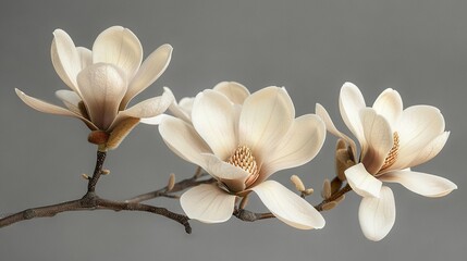   A close-up of a flower on a branch against a gray background