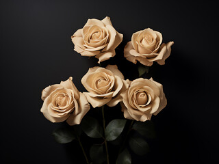 Dark background hosts five beige roses, offering copy space