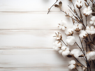 White wood backdrop highlights dried cotton flower