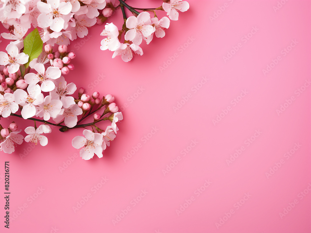 Canvas Prints Fresh bird cherry flowers on pink backdrop, flat lay