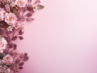 Fototapeta premium Pink flowers and eucalyptus leaves arranged on a pastel pink background in a top-down flat lay