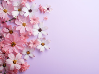 Fototapeta premium Top-down view of flowers arranged on a pink backdrop, providing copy space