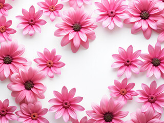 Fototapeta premium A flat lay arrangement displays colorful flowers in a pattern on a white backdrop