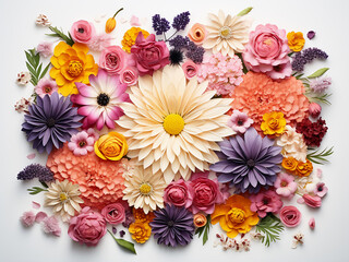 Colorful flowers arranged in a pattern on a white background in a top-down view