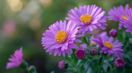 purple and yellow  aster flowers in nature 