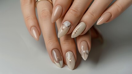 Beige and white nail art with rhinestones on long almond-shaped nails. Studio close-up photography