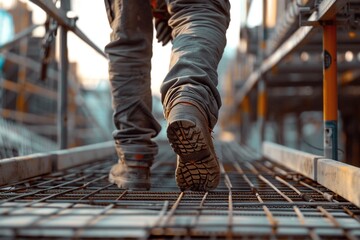 Worker walking on metal platform at construction site.