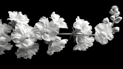   A black and white image of various flowers on a branch of a tree
