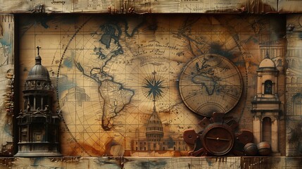 "Journey into the Past": This collage features antique maps, ancient buildings, and artifacts, creating an atmosphere of time travel. generated AI