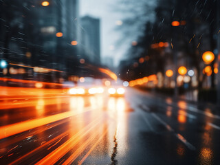 Car lights create bokeh against a blurred traffic road