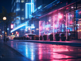 Background scene blurs with blue and pink urban buildings