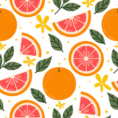 Grapefruit Citrus Seamless Pattern Vector Illustration. Cute Colorful Summer Fruit Background with Leaves and Flowers.