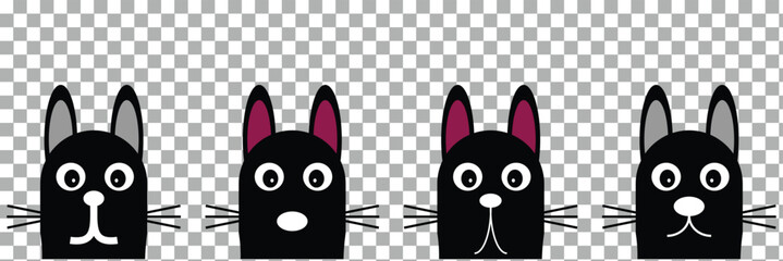 Obraz premium Black cat head face silhouette icon set. Vector logo cat for tattoo or T-shirt design or outwear. Cute print style cat background. Cat in shadow white line art.