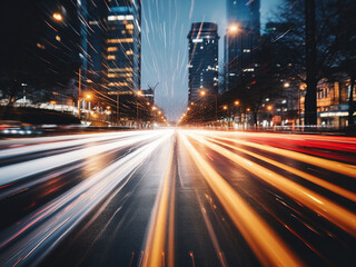 Fototapeta premium Blurred evening city traffic with bokeh car headlights, depicting urban hustle