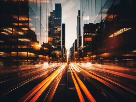 Downtown lights in central business area, blurred during sunset